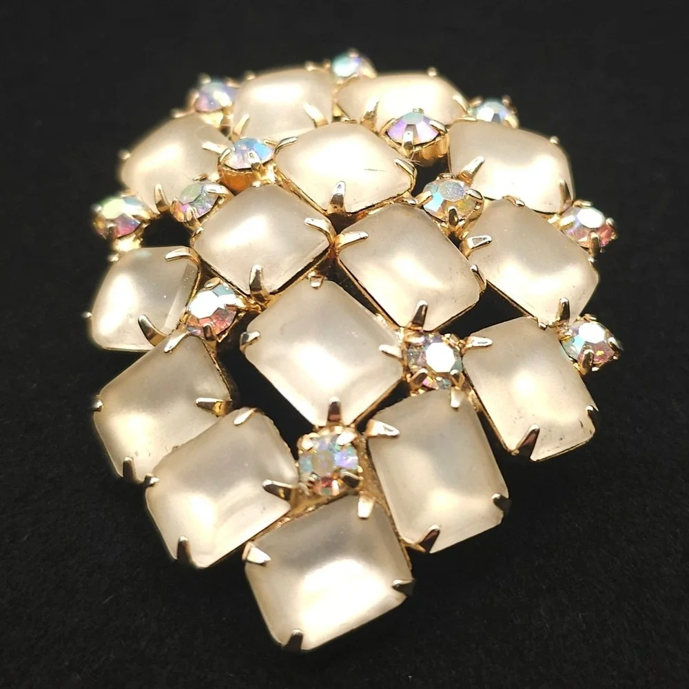 Vtg Frosted Glass Aurora Borealis Rhinestone Brooch Statement Gold Tone Wedding